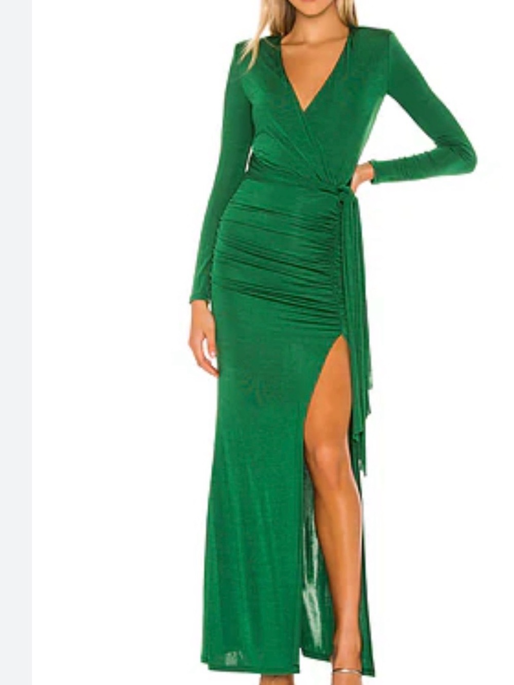 Alice + Olivia Emerald Green Long Sleeve Wrap Maxi Dress with High Slit